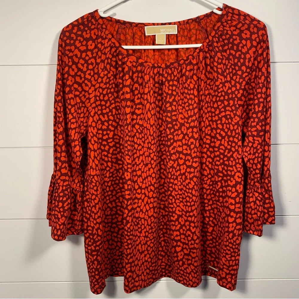 Michael Kors Blouse Animal Print Women Sz S Leopard‎ Flutter Sleeve Soft Modal